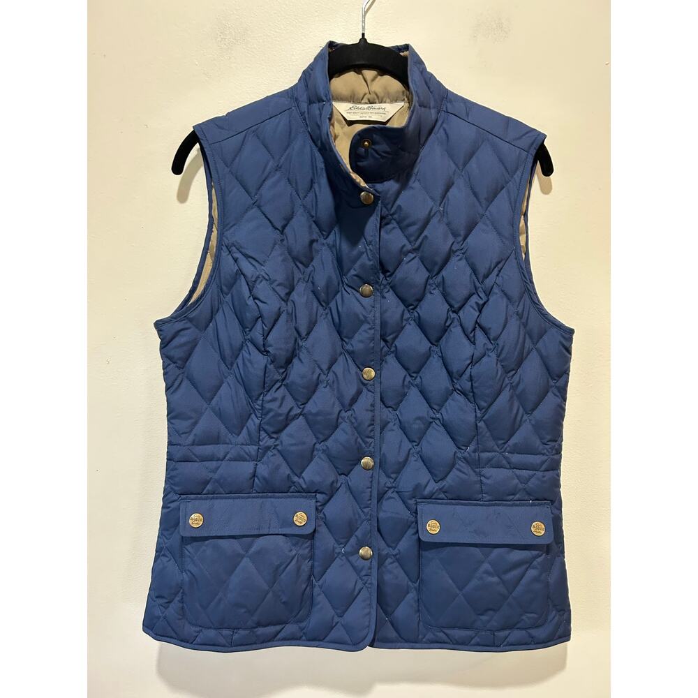 Eddie Bauer vest blue goose down quilted womens size M snap buttons
